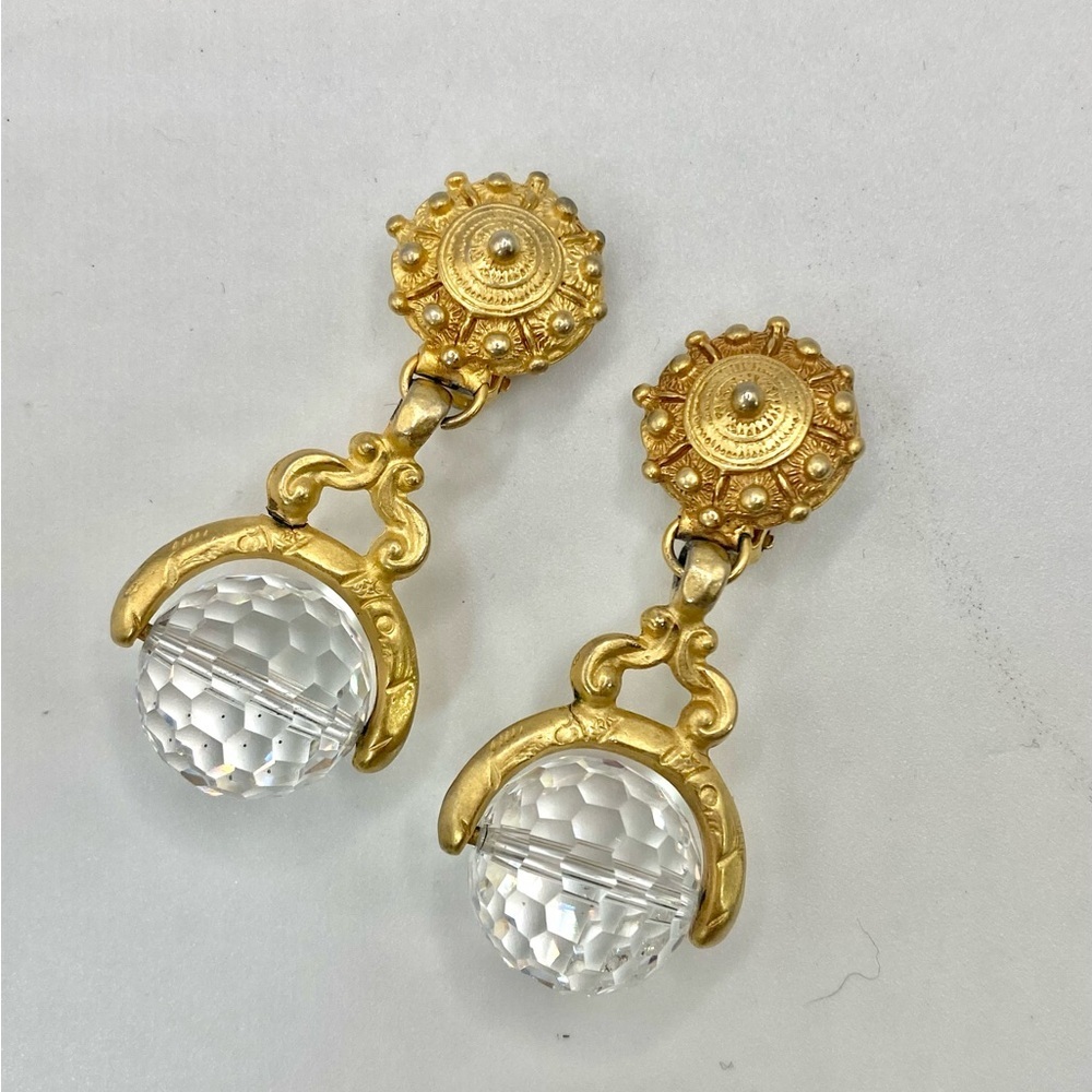 Vintage Donna Karan DKNY Drop Faceted Crystal Ball Art Deco Clip On Earrings - Picture 8 of 8